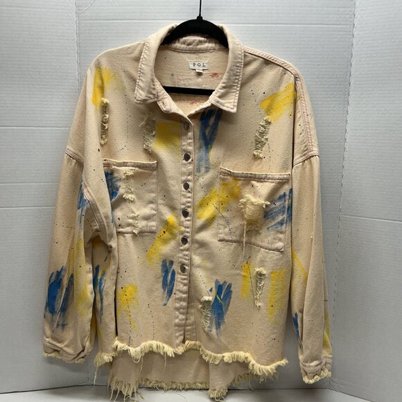 POL LARGE DENIM JACKET PAINTED & DISTRESSED! 25.50" PTP - Picture 1 of 11